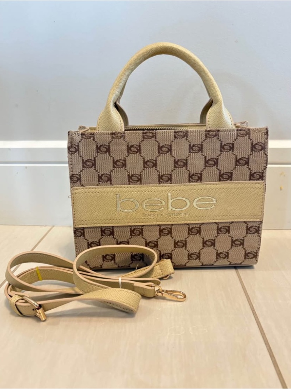bebe Cream and Brown Mini Logo Tote with Strap